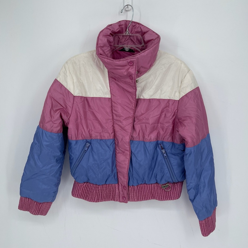White Stag Women's Vintage Pink Blue Retro Colorblock Puffer Ski Jacket Size M
